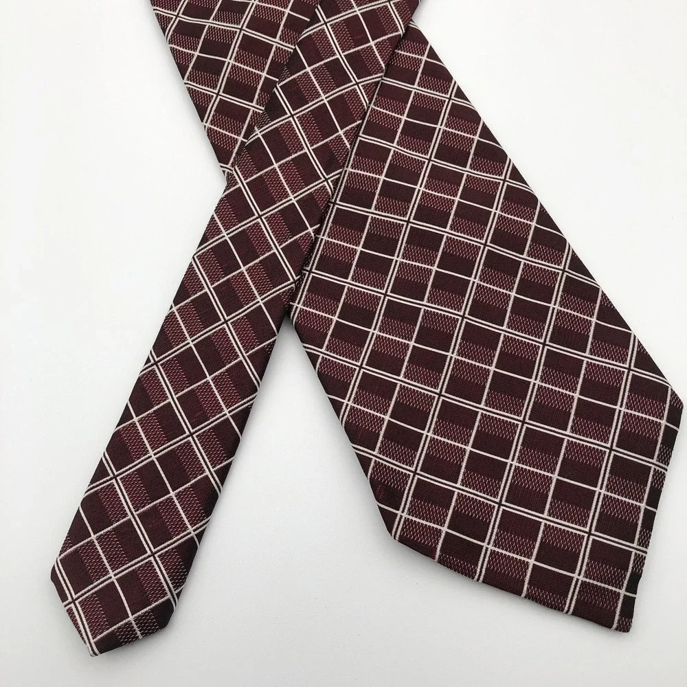 VTG Lauren Ralph Lauren Tie Burgundy Plaid Diamond 100% SILK Made USA Hand Finis
